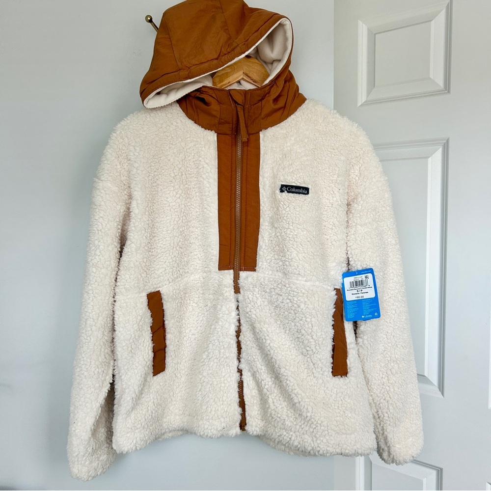 White Columbia Boundless Discovery Sherpa Jacket, White and Camel Fleece Hoodie